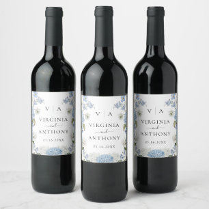 Elegant Blue Hydrangea White Roses Floral Wedding Wine Label