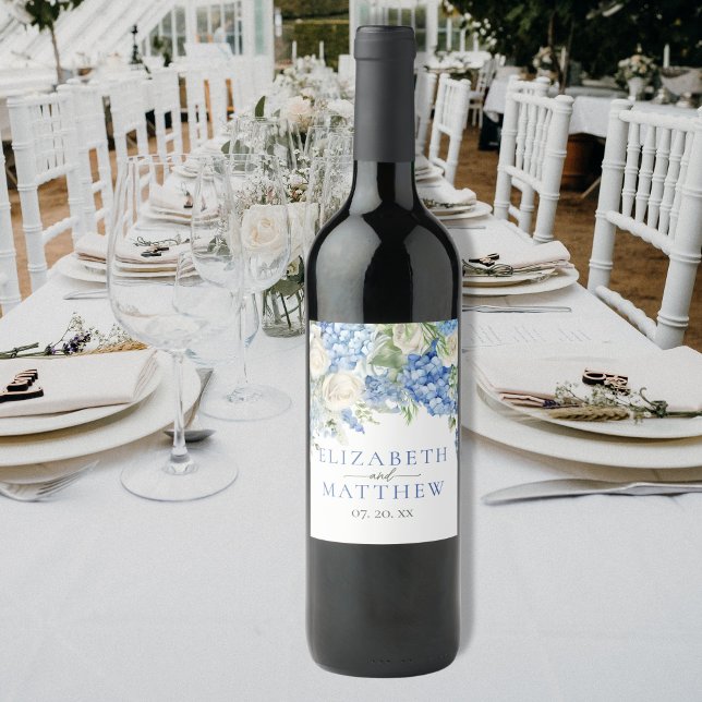 Elegant Blue Hydrangea White Roses Floral Wedding Wine Label (Creator Uploaded)