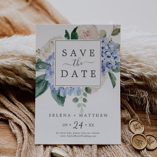 Elegant Blue Hydrangea   White Save the Date Card