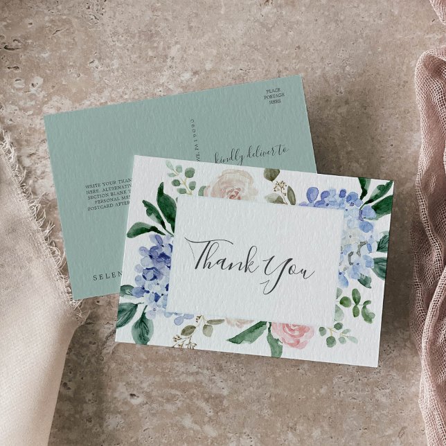 Elegant Blue Hydrangea | White Thank You Postcard (Creator Uploaded)