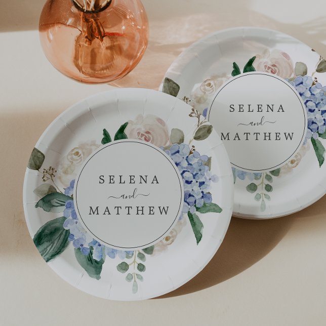 Elegant Blue Hydrangea | White Wedding Cake Paper Plate (Creator Uploaded)