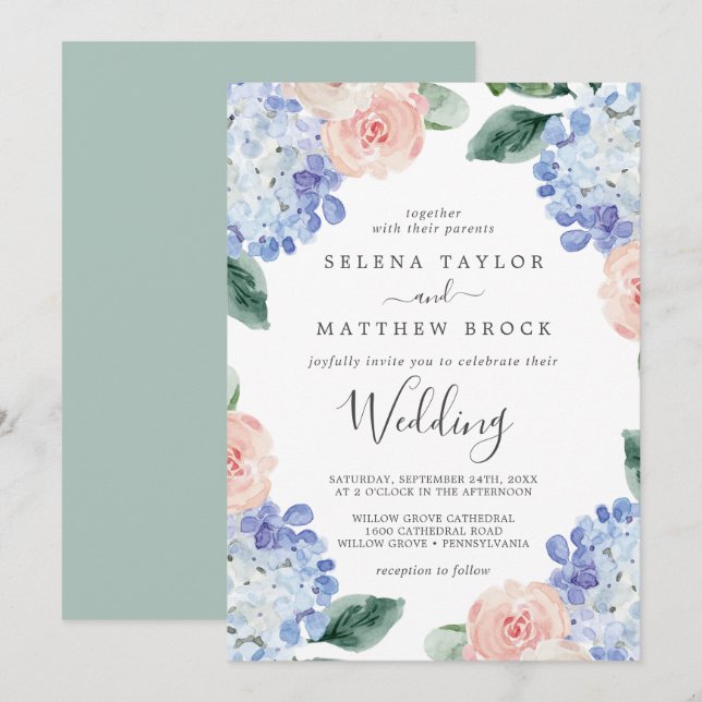 Elegant Blue Hydrangea | White Wedding Invitation (Front/Back)