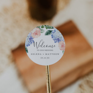 Elegant Blue Hydrangea   White Wedding Welcome Classic Round Sticker
