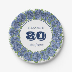 Elegant Blue Hydrangeas 80th Birthday Party Paper Plate