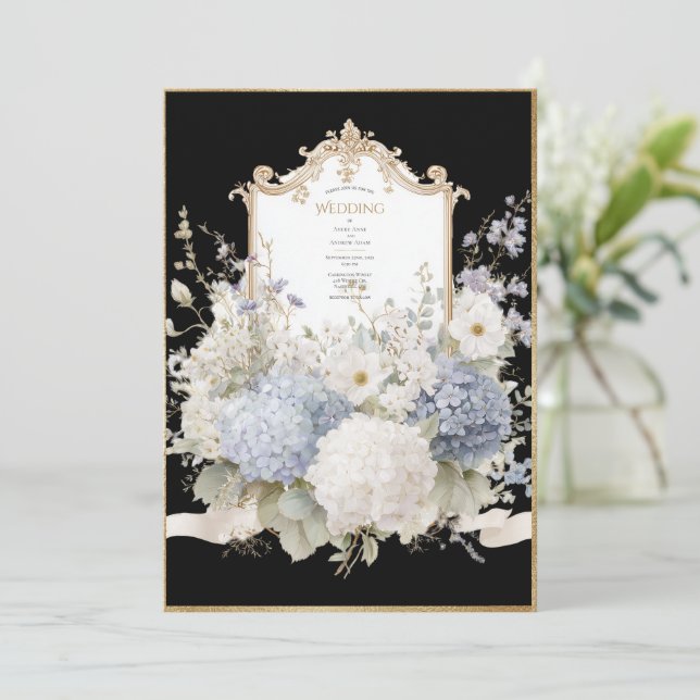 Elegant Blue Hydrangeas Black Vintage Wedding Invitation (Standing Front)