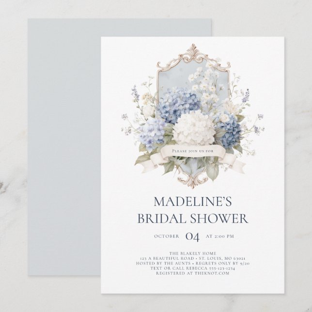 Elegant Blue Hydrangeas Bridal Shower Invitation  (Front/Back)