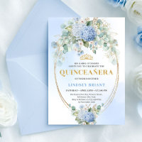 Elegant Blue Hydrangeas Gold 15th Birthday Invite