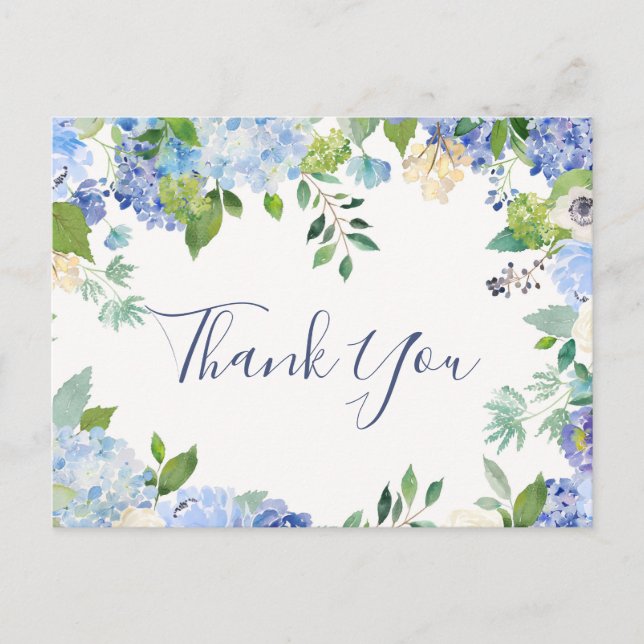 Elegant Blue Hydrangeas Greenery Thank You Postcard (Front)