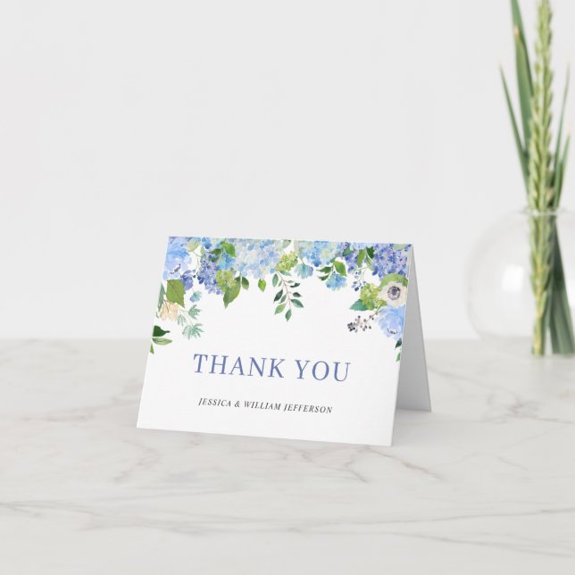 Elegant Blue Hydrangeas Greenery Watercolor Thank You Card (Front)