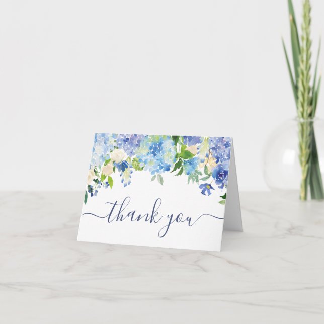Elegant Blue Hydrangeas Greenery Watercolor Thank You Card (Front)