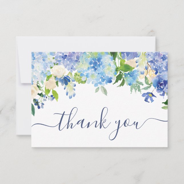 Elegant Blue Hydrangeas Greenery Wedding Floral Thank You Card (Front)