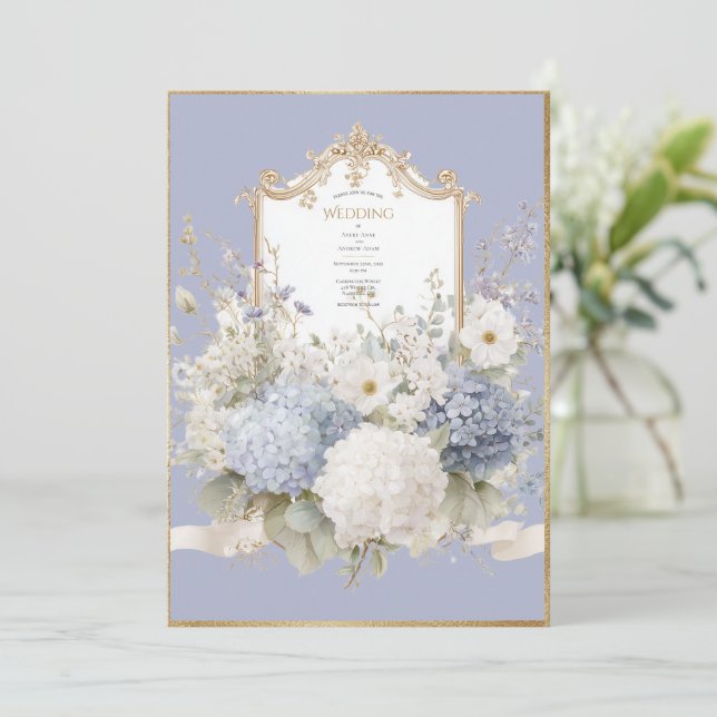 Elegant Blue Hydrangeas Lavender Vintage Wedding Invitation (Standing Front)