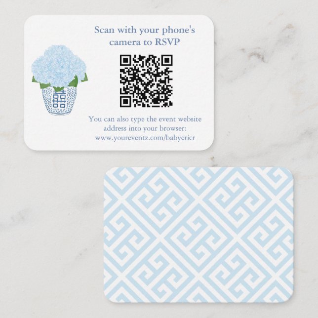Elegant Blue Hydrangeas QR Code Bridal Shower RSVP Enclosure Card (Front/Back)