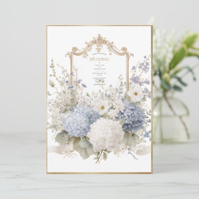 Elegant Blue Hydrangeas Vintage Wedding Invitation (Standing Front)