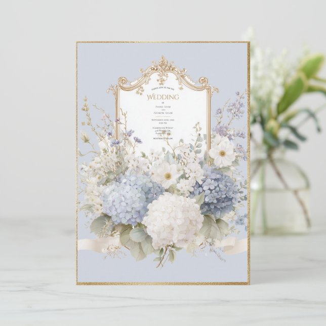 Elegant Blue Hydrangeas Vintage Wedding Invitation (Standing Front)