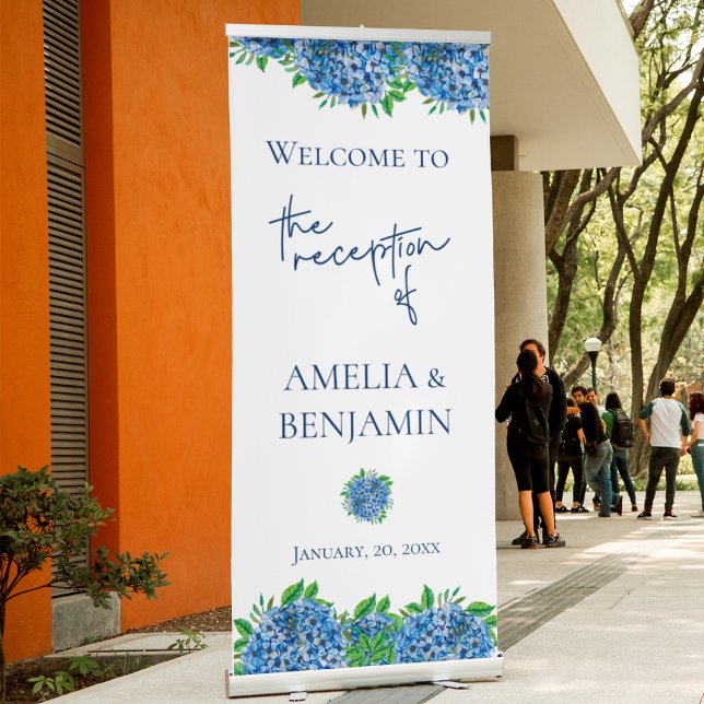Elegant Blue Hydrangeas Wedding Reception Welcome Retractable Banner (Front)