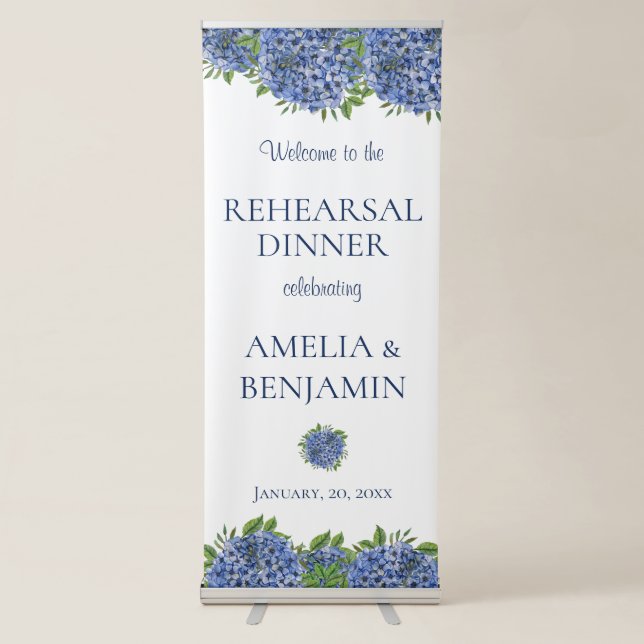 Elegant Blue Hydrangeas Wedding Rehearsal Dinner Retractable Banner (Front)