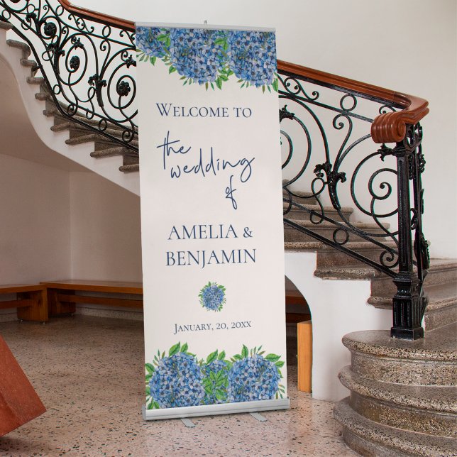 Elegant Blue Hydrangeas Wedding Welcome Retractable Banner (Creator Uploaded)