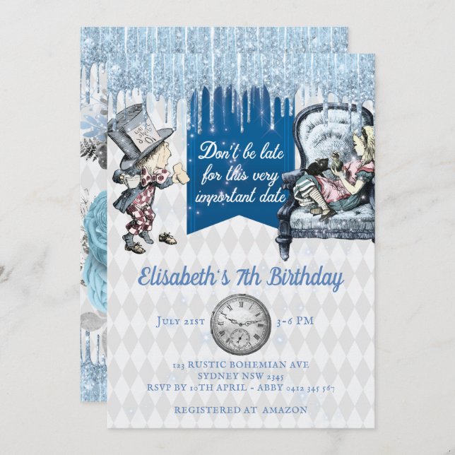 Elegant Blue Ice Alice in Wonderland Party Invitation (Front/Back)
