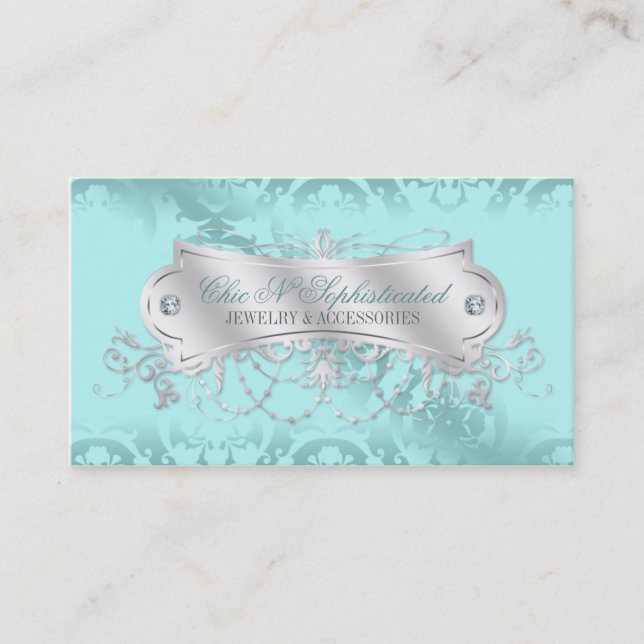 Elegant Blue Ice Damask Swirl Business Card (Front)
