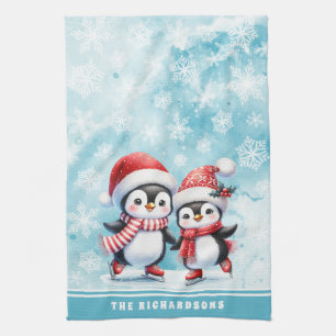 Elegant Blue Ice Skating Penguins Family Christmas Tea Towel
