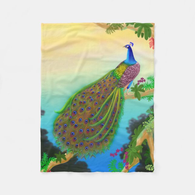 Elegant Blue Indian Peacock Fleece Blanket (Front)