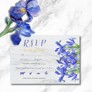 Elegant Blue Irises Floral On Grey Marble Wedding RSVP Card