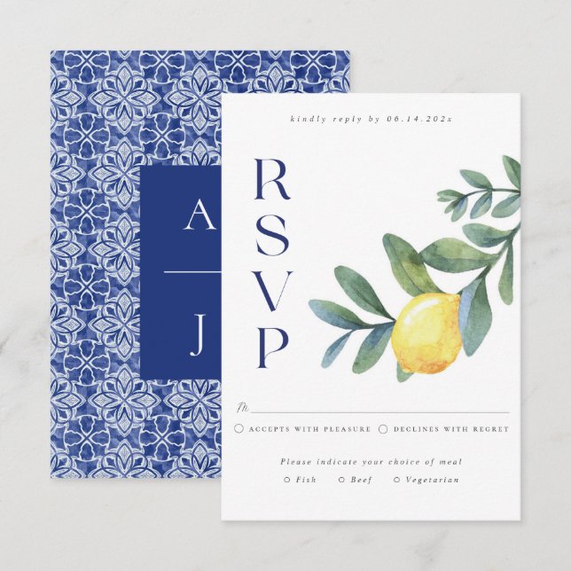 Elegant Blue Italian Lemon botanical Wedding RSVP Enclosure Card (Front/Back)