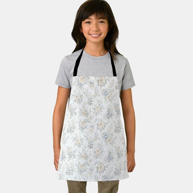 Elegant Blue & Ivory Floral Apron (Insitu)