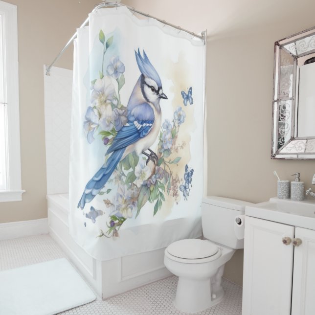 Elegant Blue Jay Butterflies Painting  Shower Curtain (In Situ)