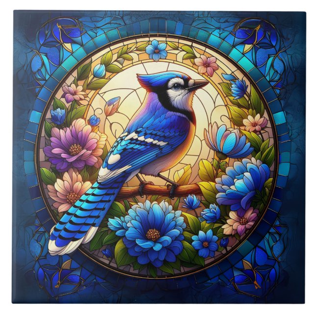 Elegant Blue Jay Stained Glass Nature-Inspired  Tile (Front)