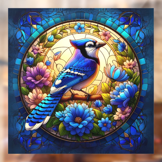 Elegant Blue Jay Stained Glass Window Cling (Sheet 2)