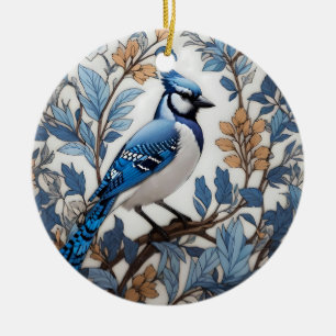 Elegant Blue Jay William Morris Inspired Ceramic Tree Decoration