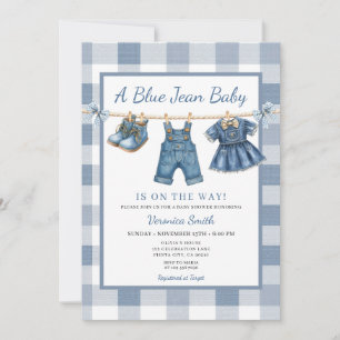 Elegant Blue Jean Clothesline Denim Baby Shower Invitation