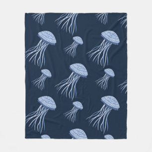 Elegant Blue Jellyfish Seamless Pattern Coastal Fleece Blanket