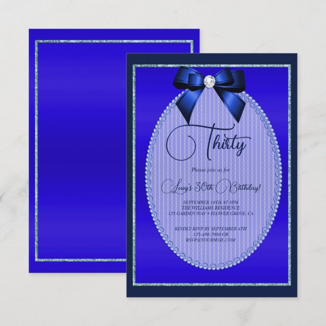 Elegant Blue Jewel Bow Birthday Invitation (Front/Back)