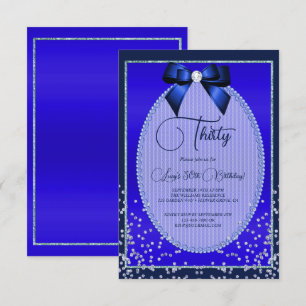 Elegant Blue Jewel Bow & Confetti Birthday Invitation