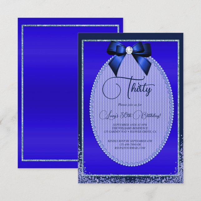 Elegant Blue Jewel Bow & Glitter Birthday Invitation (Front/Back)