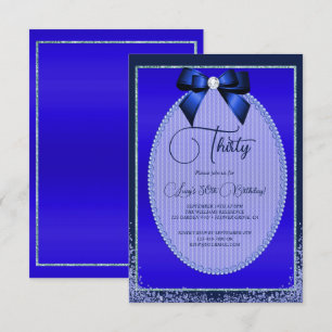Elegant Blue Jewel Bow & Glitter Birthday Invitation
