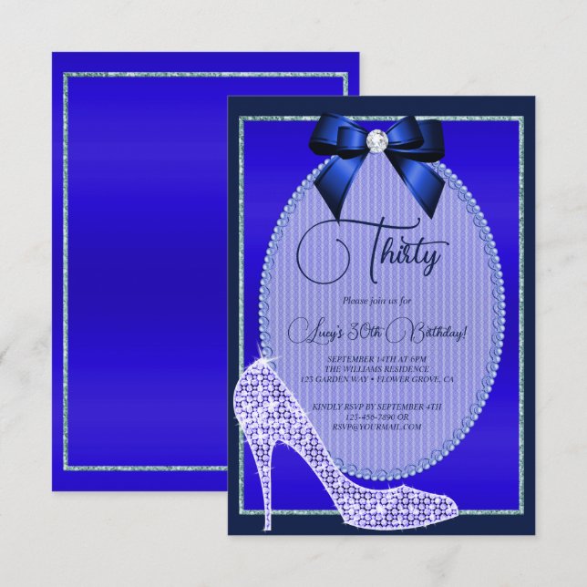 Elegant Blue Jewel Bow & Stiletto Birthday Invitation (Front/Back)