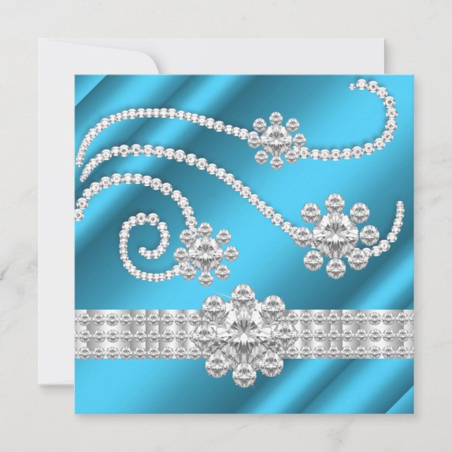 Elegant Blue Jewel diamonds Silver Birthday Party Invitation (Front)