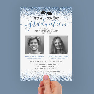 Elegant Blue Joint Graduation Photo Invitation