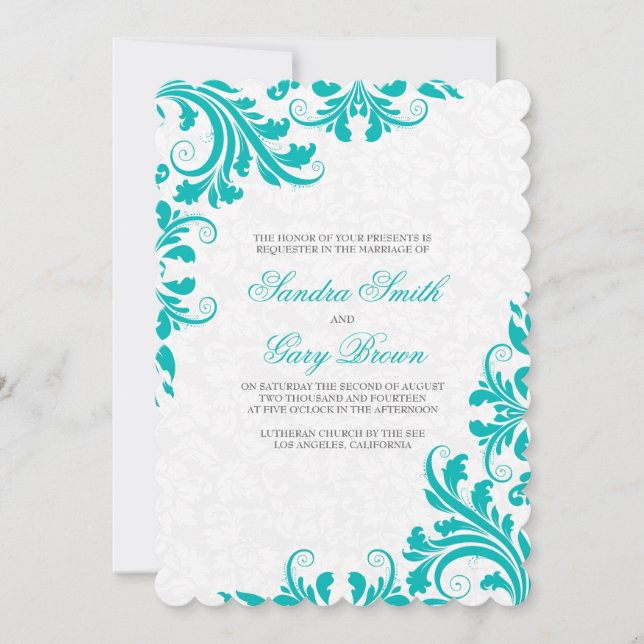 Elegant Blue Lace White Damasks Wedding  Invitation (Front)