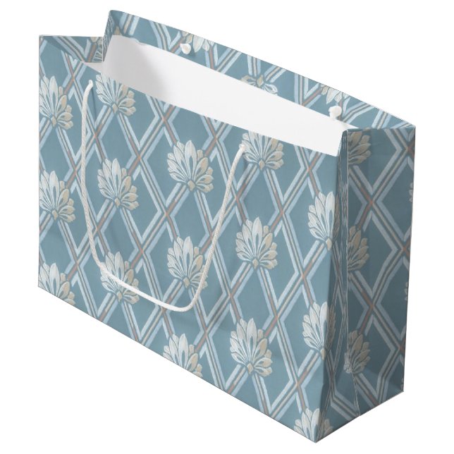 Elegant Blue Lattice Ivory Feather Fans Pattern Large Gift Bag (Front Angled)