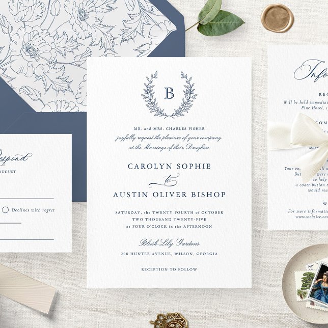 Elegant Blue Laurel Wreath Wedding Monogram Crest  Invitation (Creator Uploaded)