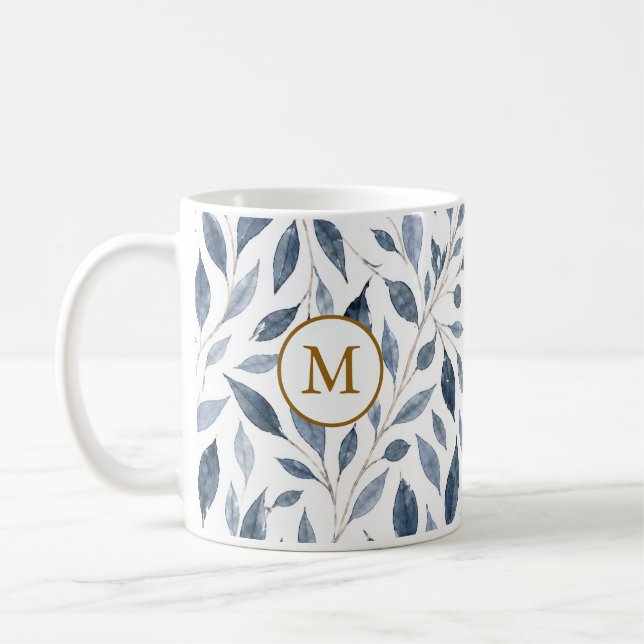 Elegant Blue Leaf Monogram Mug with Gold Initial (Left)