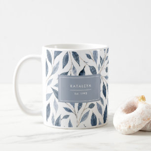 Elegant Blue Leaf Mug with Custom Name