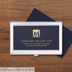 Elegant Blue Leather Gold Initial Logo Business Card Holder