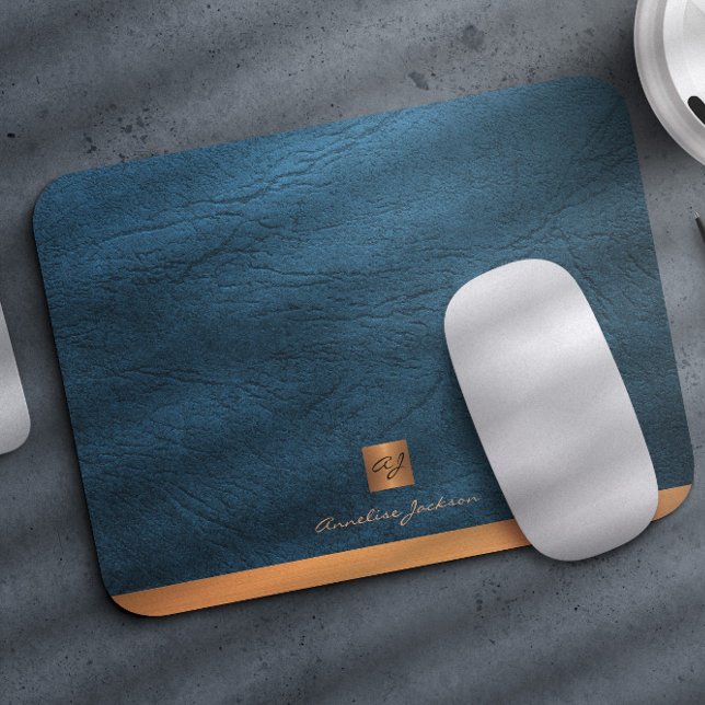 Elegant blue leather gold initial monogrammed mouse mat (Creator Uploaded)