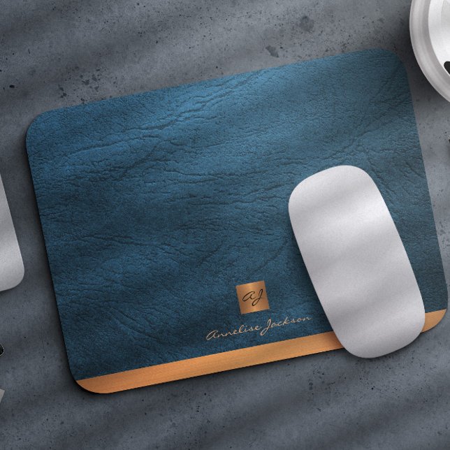 Elegant blue leather gold initial monogrammed mouse mat (Creator Uploaded)